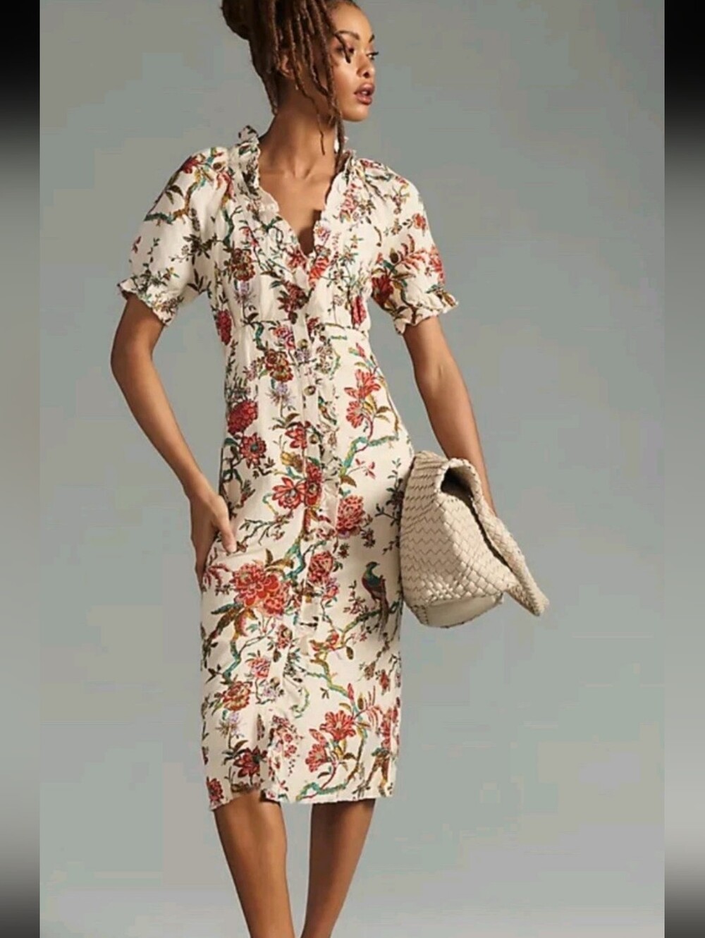 Pilcro Anthropologie Linen Blend Floral Bird Midi Dress Cream SZ 4 cottagecore